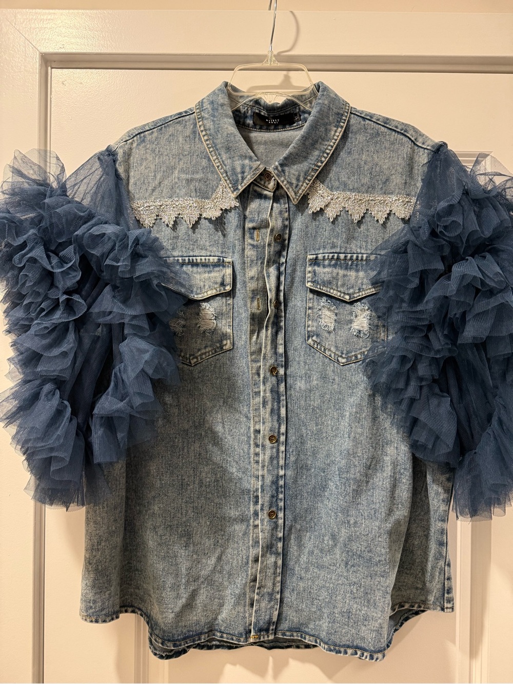 Gritty Soul Denim Shirt with Navy Tulle Ruffle Sleeves